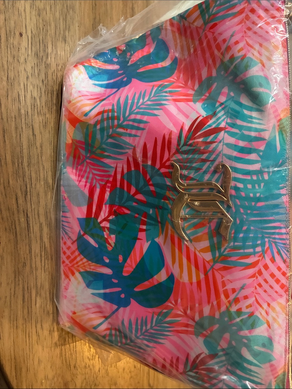 Juicy Couture Pink Teal Tropical Leaf Cosmetic Pouch with Gold Logo